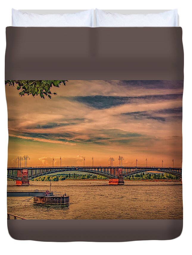 Mainz Duvet Cover featuring the photograph Rhine River Sunset in Mainz by Marcy Wielfaert