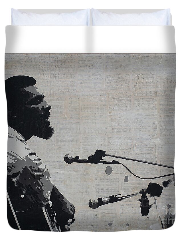 Silhouette Duvet Cover featuring the mixed media Richie Havens at Woodstock by SORROW Gallery