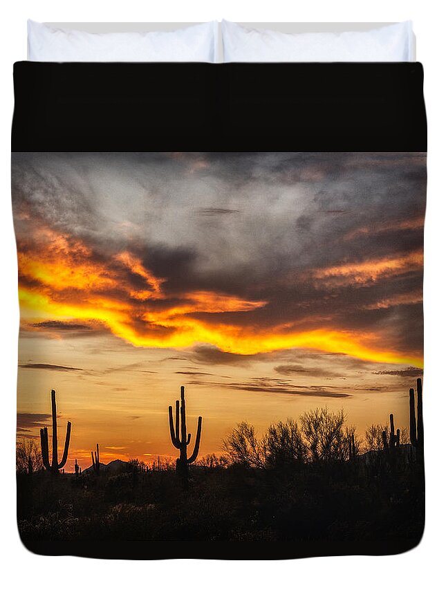 Saguaro Sunset Duvet Cover featuring the photograph Ride The Sunset Wave by Saija Lehtonen