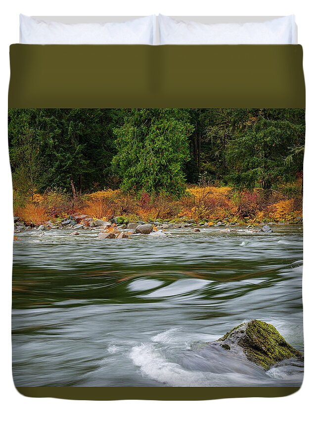 Outdoor; Fall; Colors; Autumn; River; Reflection; Nason Creek; Cascade; Central Cascade; Washington Beauty; Pacific North West; Washington; Washington State Duvet Cover featuring the digital art River in Central Cascade by Michael Lee