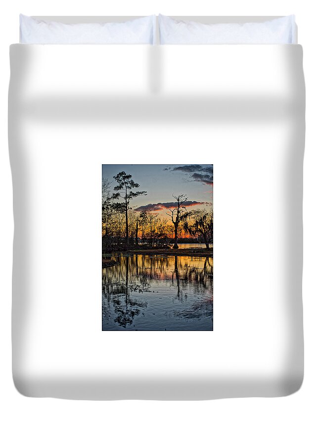 River Duvet Cover featuring the photograph Riverside Sunset by Tom Gresham