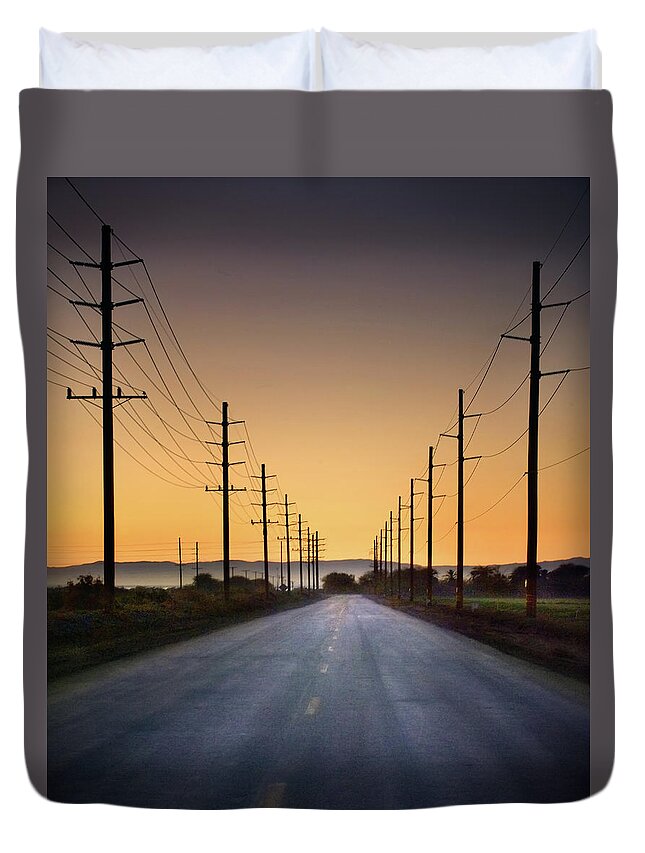 Tranquility Duvet Cover featuring the photograph Road And Power Lines At Sunset by Www.jodymillerphoto.com