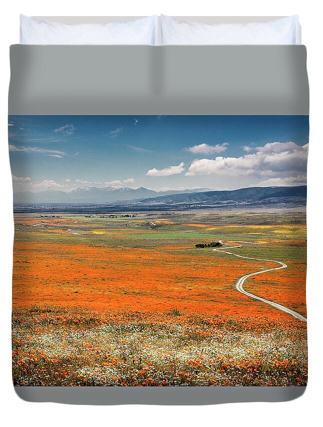 Antelope Valley Poppy Reserve Duvet Cover featuring the photograph Road Through The Wildflowers by Endre Balogh
