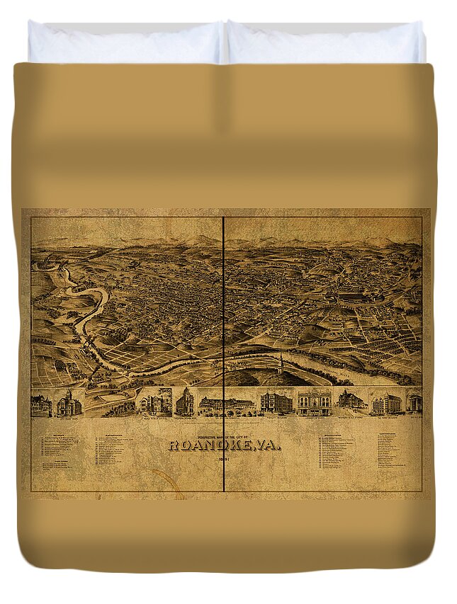 Roanoke Duvet Cover featuring the mixed media Roanoke Virginia Vintage City Street Map 1891 by Design Turnpike