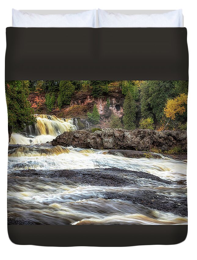 Waterfall Duvet Cover featuring the photograph Roaring Gooseberry Falls by Susan Rissi Tregoning