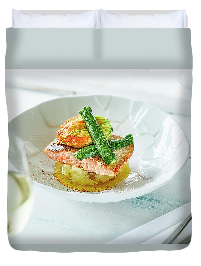 Ip_13188562 Duvet Cover featuring the photograph Roasted Sea Trout, Crushed New Potatoes And Steamed Courgette Flower by Box River Studios