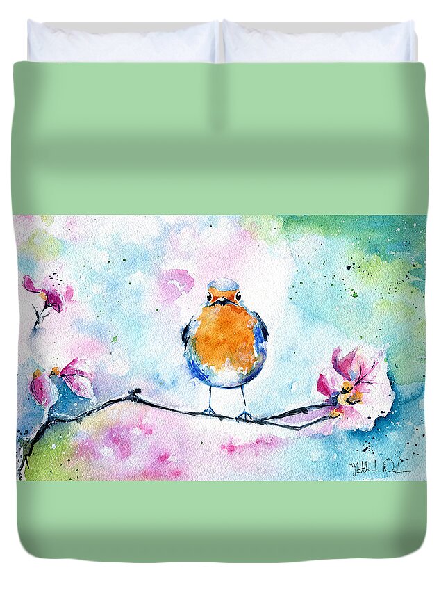 Robin Duvet Cover featuring the painting Robin by Dora Hathazi Mendes