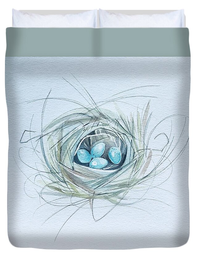 Robin Duvet Cover featuring the painting Robins nest by Luisa Millicent