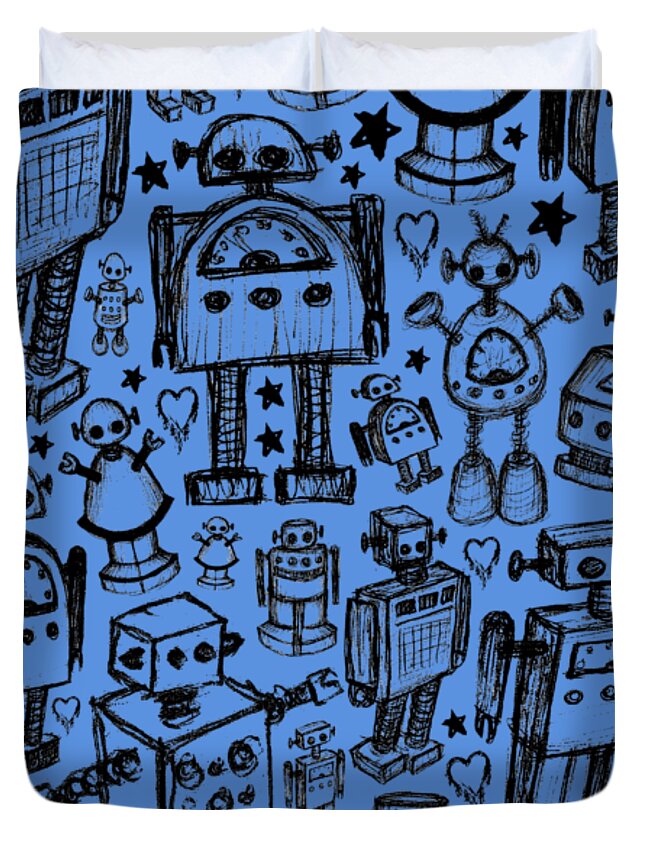 Robot Duvet Cover featuring the drawing Robot Crowd Graphic by Roseanne Jones