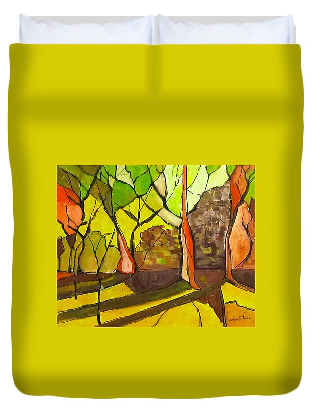 Abstract Duvet Cover featuring the painting Robyn's Woods by Barbara O'Toole