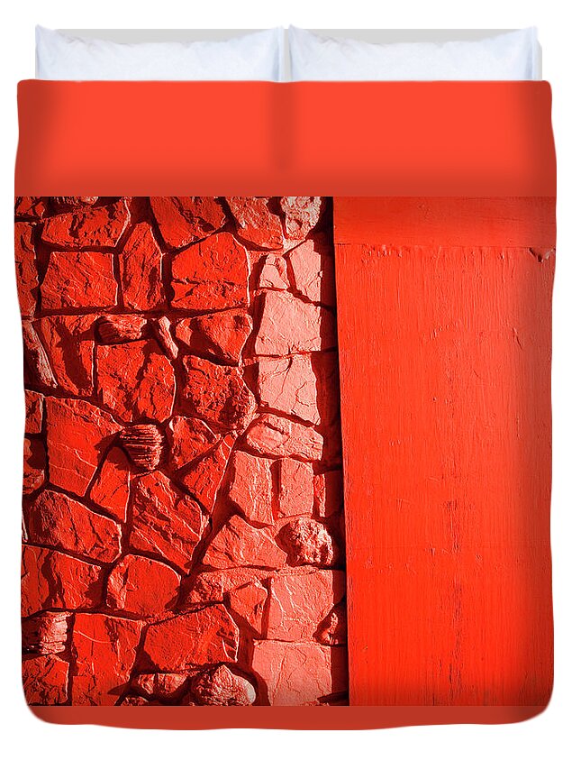 Ugliness Duvet Cover featuring the photograph Rock And Plywood Wall Painted Red by Pete Starman