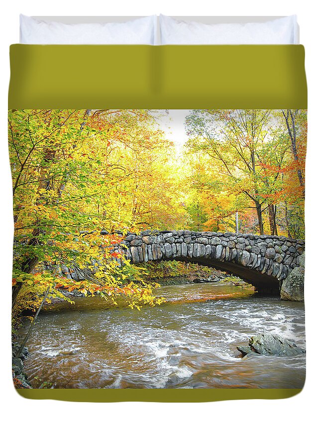 03nov18 Duvet Cover featuring the photograph Rock Creek Boulder Bridge with Fall Colors by Jeff at JSJ Photography