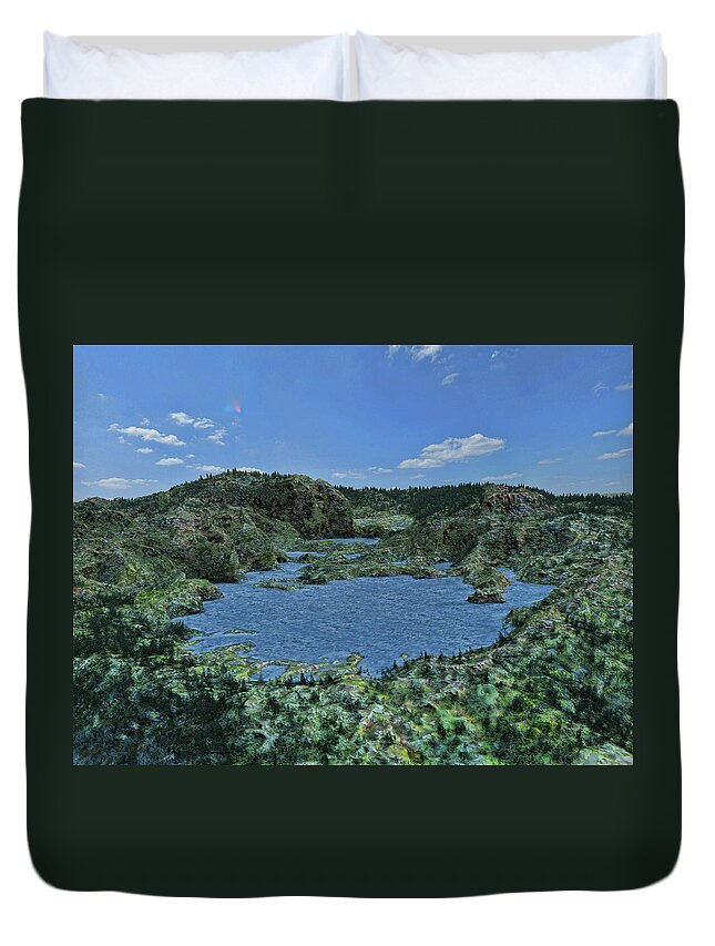 Mountains Duvet Cover featuring the digital art Rolling Hills and Lake by David Luebbert