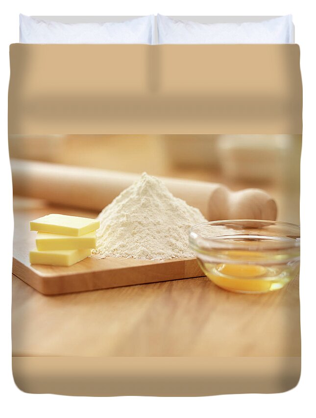 Rolling Pin Duvet Cover featuring the photograph Rolling Pin, Flour, Butter And Egg On by Adam Gault