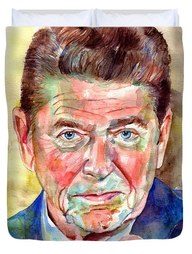 Ronald Duvet Cover featuring the painting Ronald Reagan portrait by Suzann Sines