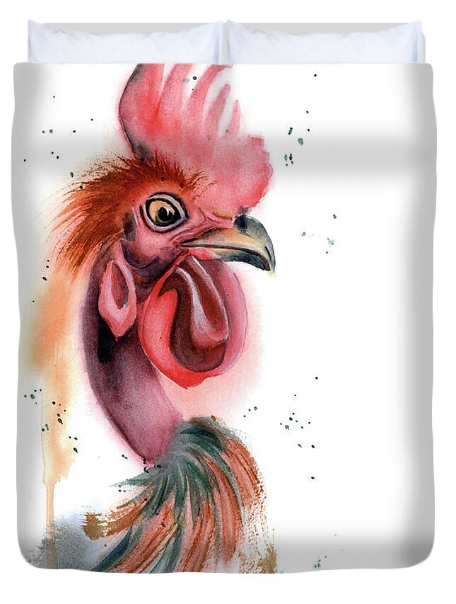 Rooster Duvet Cover featuring the painting Rooster portrait by Paintis Passion