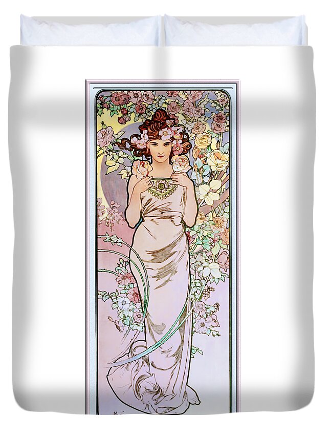 Rose Duvet Cover featuring the painting Rose by Alphonse Mucha by Rolando Burbon