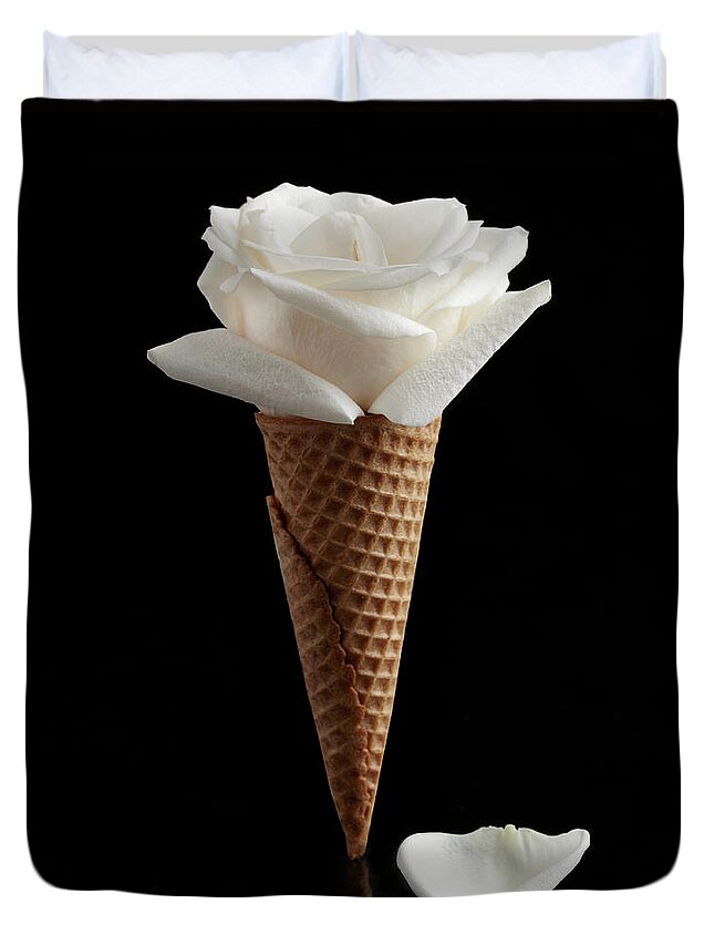 Black Background Duvet Cover featuring the photograph Rose Ice Cream Cone by Shana Novak