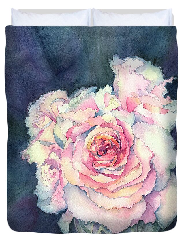 Face Mask Duvet Cover featuring the painting Rose Bowl by Lois Blasberg