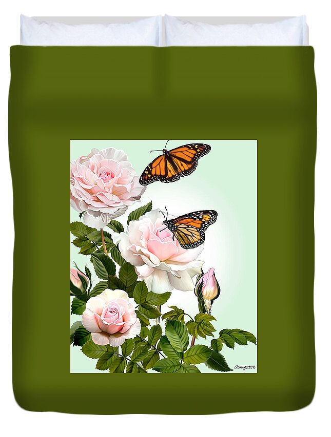 Roses And Butterflies Duvet Cover featuring the mixed media Roses and Butterflies by Anthony Seeker
