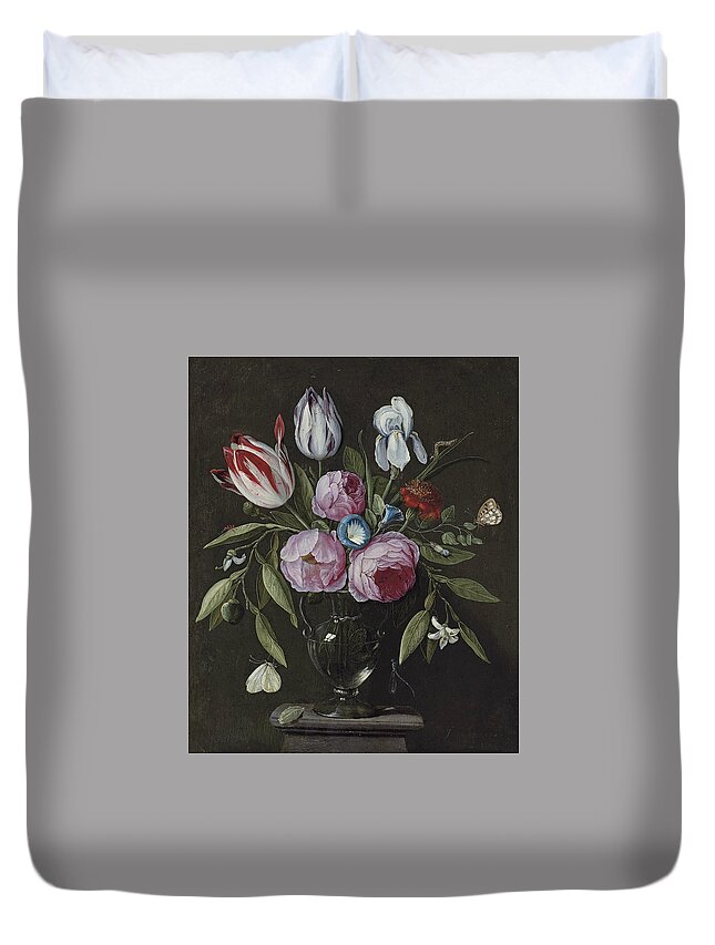 17th Century Art Duvet Cover featuring the painting Roses, tulips, an iris and other flowers, in a glass vase on a stone plinth by Jan van Kessel the Elder