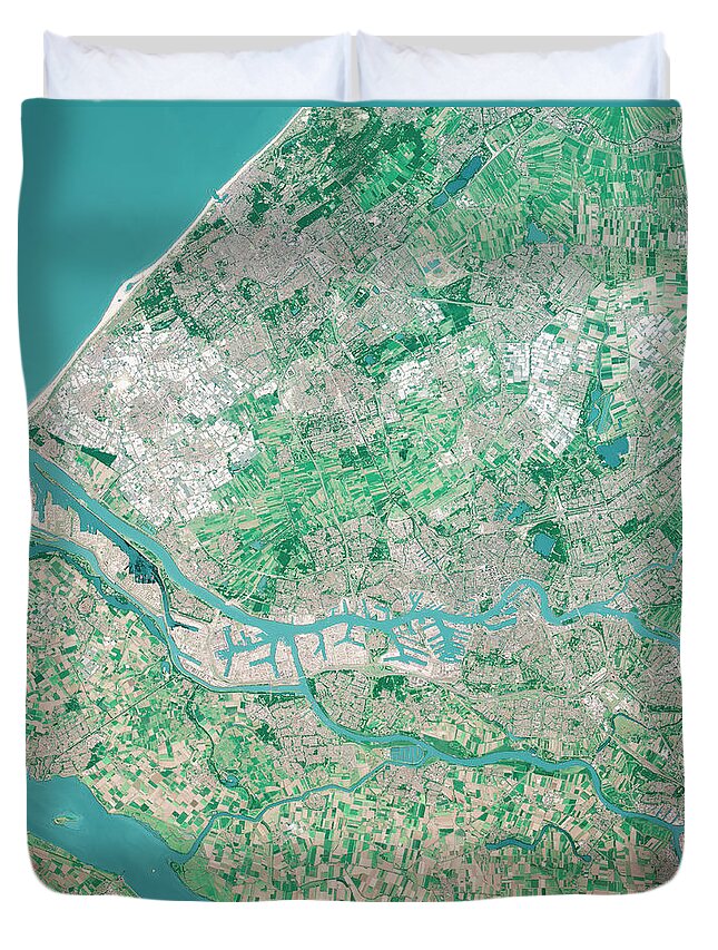 Rotterdam Duvet Cover featuring the digital art Rotterdam Harbor 3D Render Aerial Top View From South Aug 2019 by Frank Ramspott