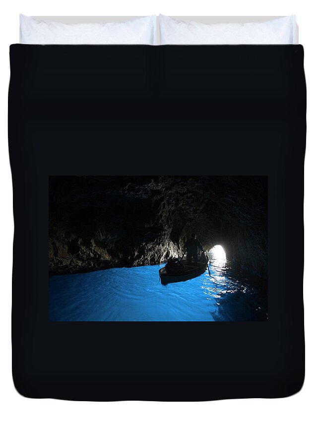 People Duvet Cover featuring the photograph Rowboat Inside Blue Grotto by Holger Leue