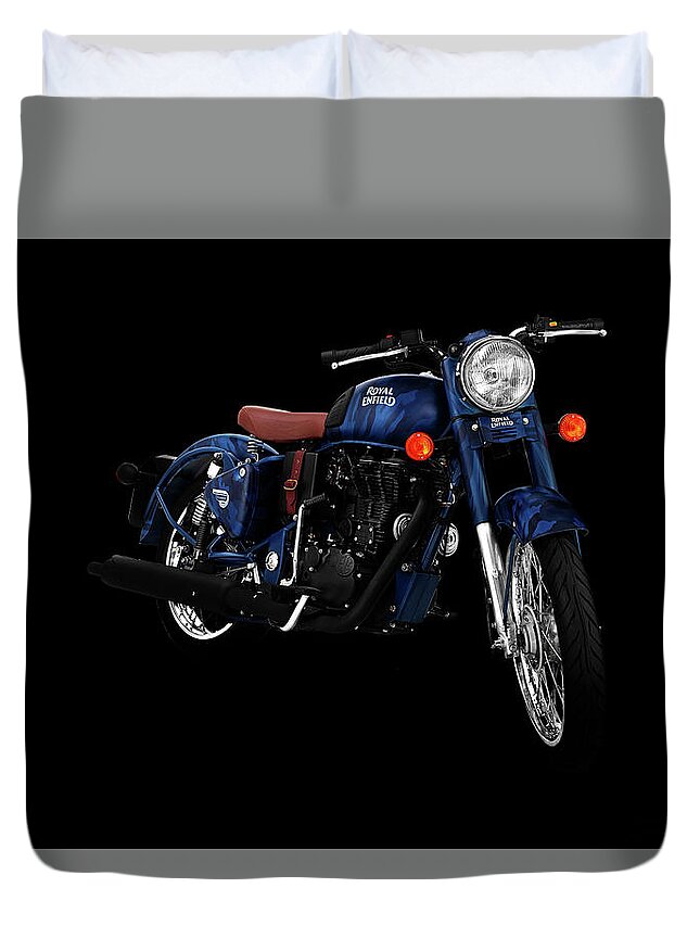 Royal Enfield Duvet Cover featuring the mixed media Royal Enfield Classic 500 Squadron Blue by Smart Aviation