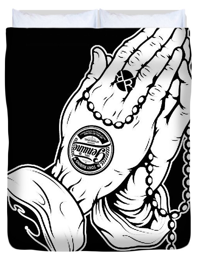 Sign Duvet Cover featuring the painting Rubino Prayer Hands Praying by Tony Rubino