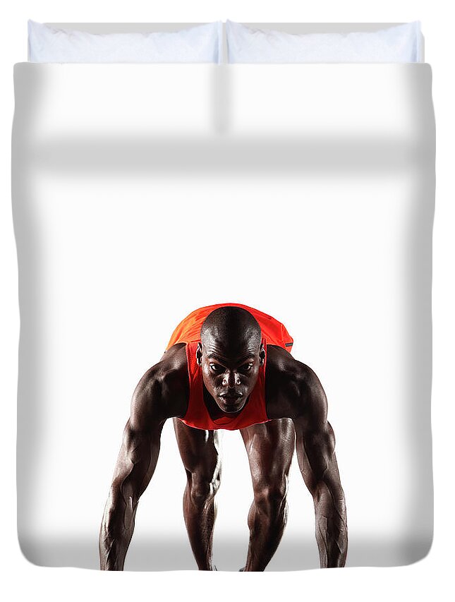 People Duvet Cover featuring the photograph Runner Crouched At Starting Line by Moof