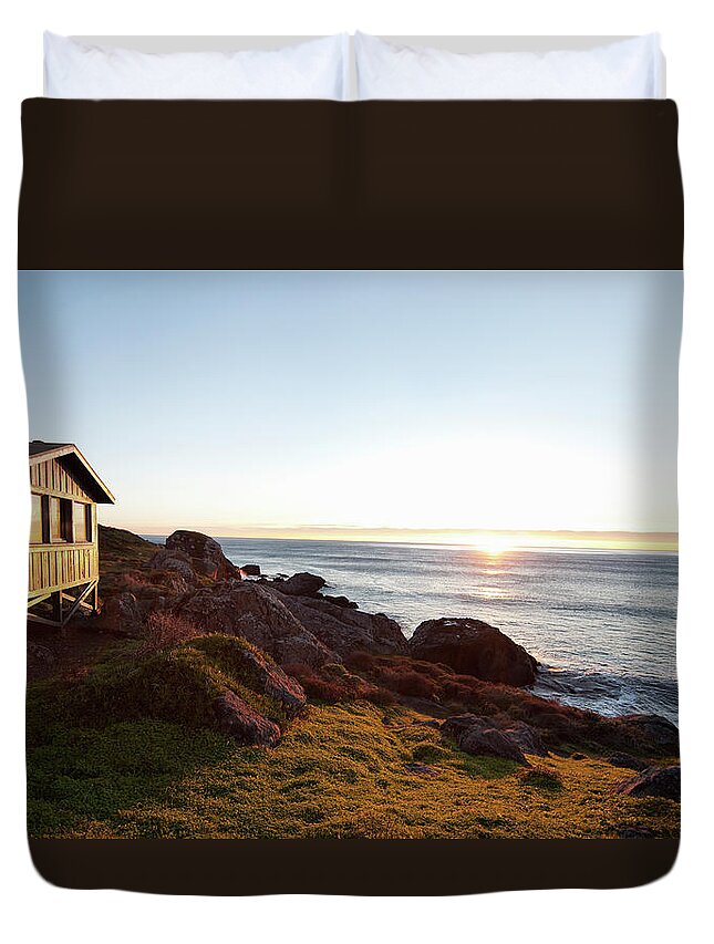 Tranquility Duvet Cover featuring the photograph Rustic Wooden Cabin And Pacific Ocean by Billy Hustace