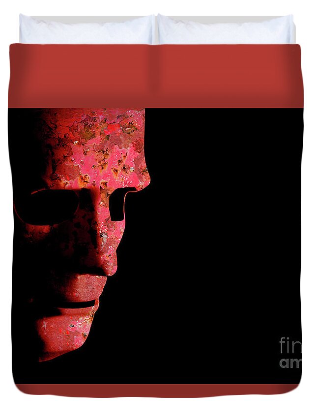 Mask Duvet Cover featuring the photograph Rusty robotic face old technology by Simon Bratt