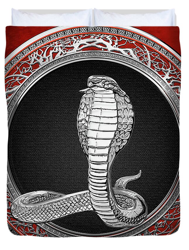 'beasts Creatures And Critters' Collection By Serge Averbukh Duvet Cover featuring the digital art Sacred Silver King Cobra on Red Canvas by Serge Averbukh