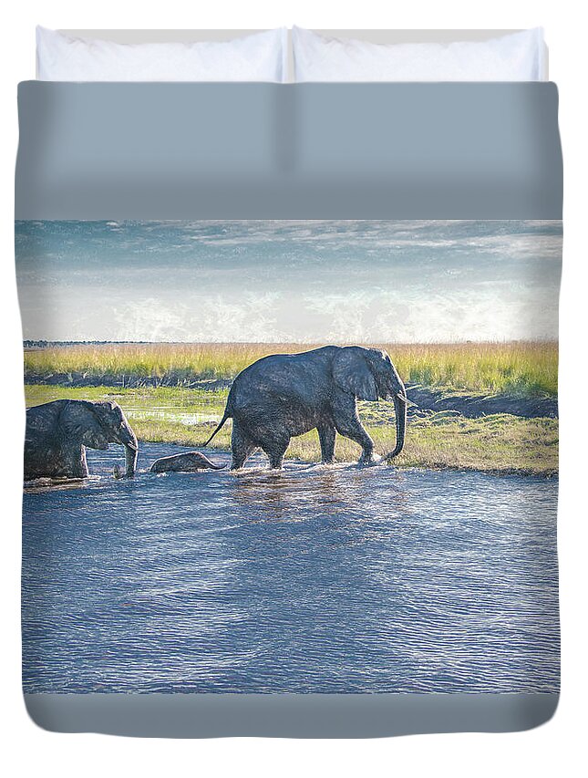 Elephants Duvet Cover featuring the photograph Safe Crossing by Marcy Wielfaert