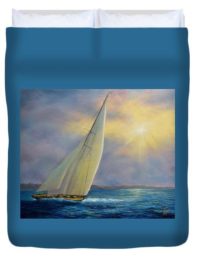 Sailboat Duvet Cover featuring the painting Sailing at Sunset by Lynne Pittard