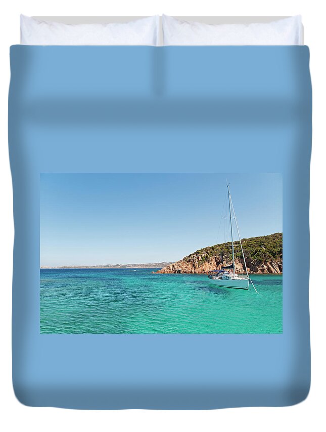 Scenics Duvet Cover featuring the photograph Sailboat On Crystal Water by Andeva