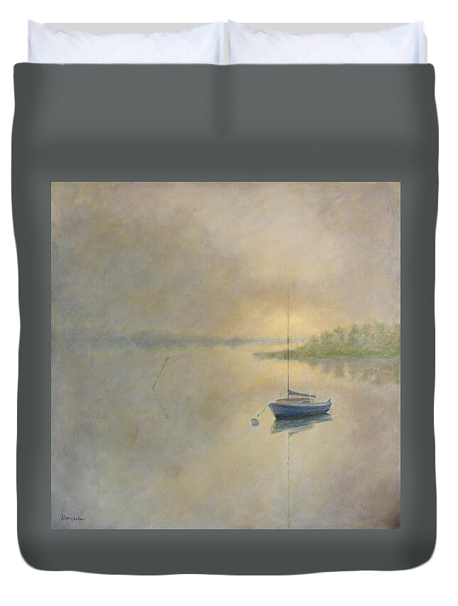 Fog Duvet Cover featuring the painting SailboatinFog by Joe Bergholm