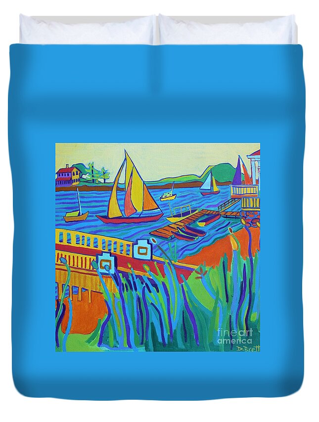 Landscape Duvet Cover featuring the painting Sailing at Tucks Point Manchester by the sea by Debra Bretton Robinson