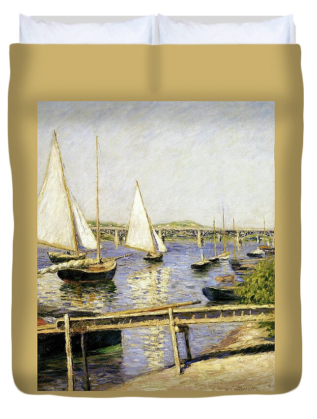 Gustave Caillebotte Duvet Cover featuring the painting Sailing Boats at Argenteuil - Digital Remastered Edition by Gustave Caillebotte