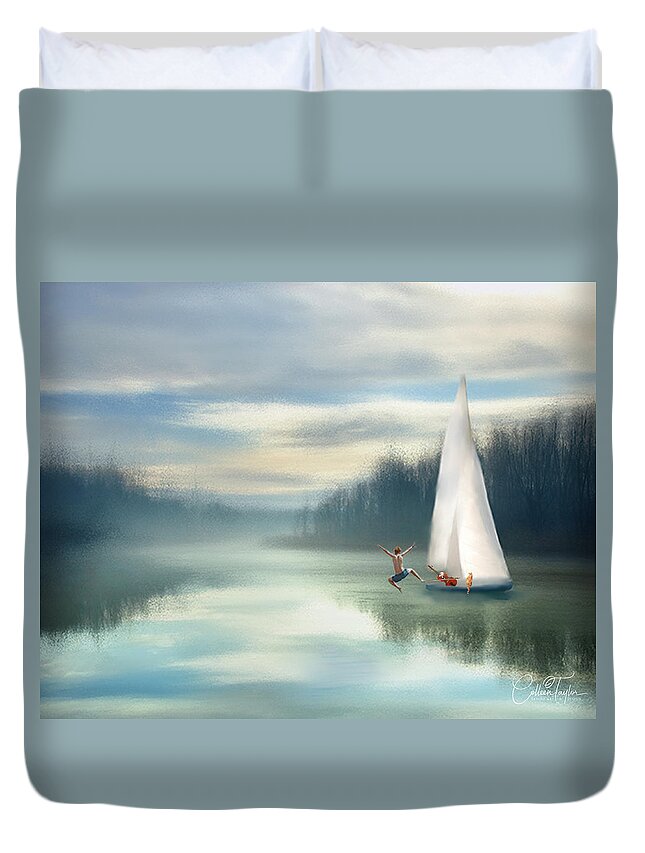 Sailing Boats Duvet Cover featuring the mixed media Sailing Down the River by Colleen Taylor