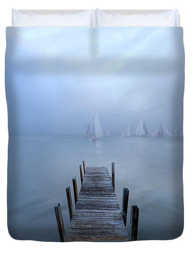 Boats Duvet Cover featuring the photograph Sailing into Blue by Debra and Dave Vanderlaan