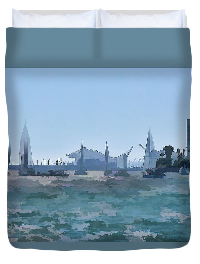 Linda Brody Duvet Cover featuring the digital art Sailing Off Belmont Shore Long Beach Abstract 1 by Linda Brody
