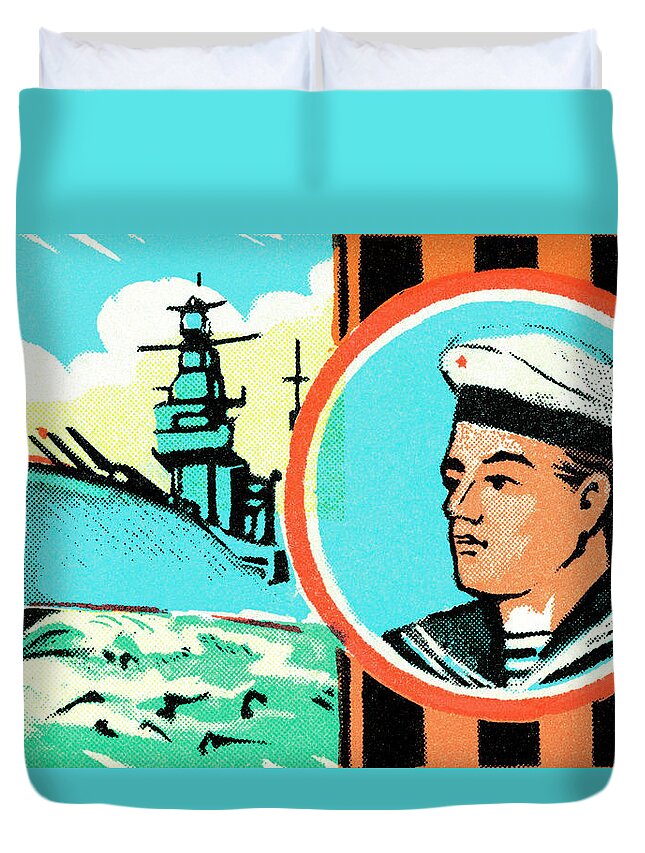 Activity Duvet Cover featuring the drawing Sailor and ocean liner by CSA Images