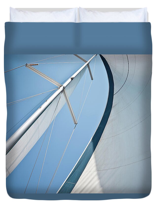 Wind Duvet Cover featuring the photograph Sails Against A Clear Blue Sky by Piccerella