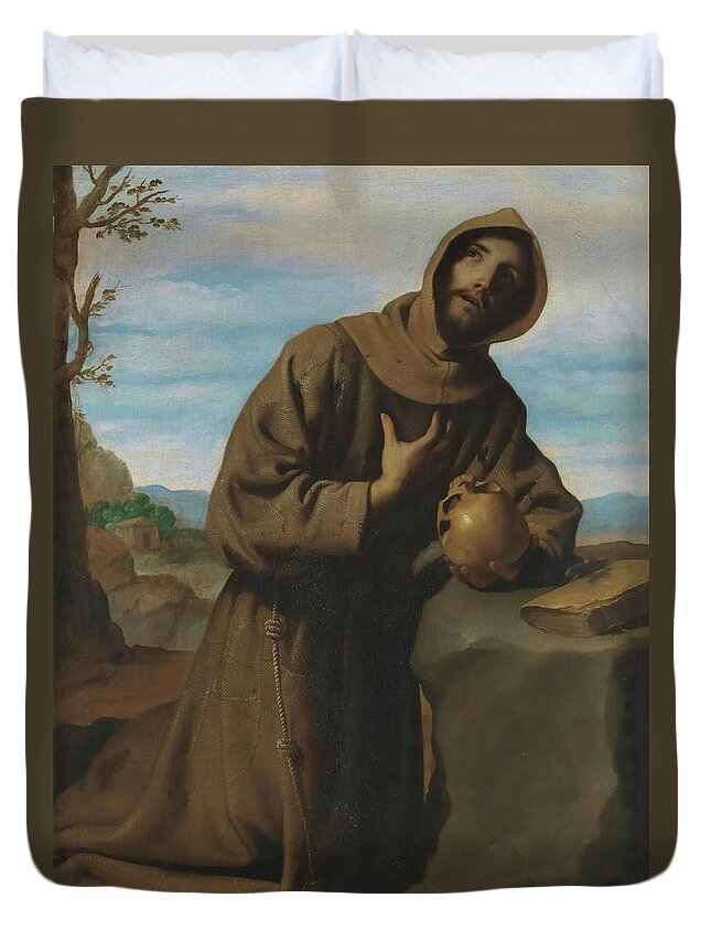 Francis Of Assisi Duvet Cover featuring the painting 'Saint Francis at Prayer'. 1659. Oil on canvas. by Francisco de Zurbaran -c 1598-1664-