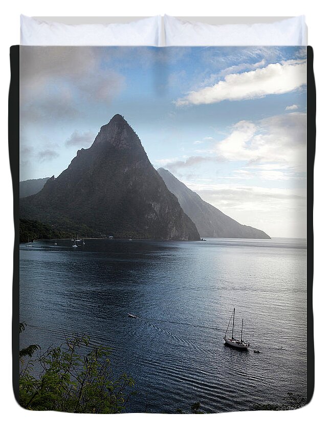 Estock Duvet Cover featuring the digital art Saint Lucia, Caribbean, The Pitons by Tim Mannakee