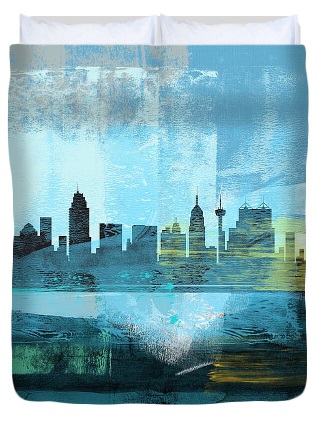 San Antonio Duvet Cover featuring the mixed media San Antonio Abstract Skyline I by Naxart Studio