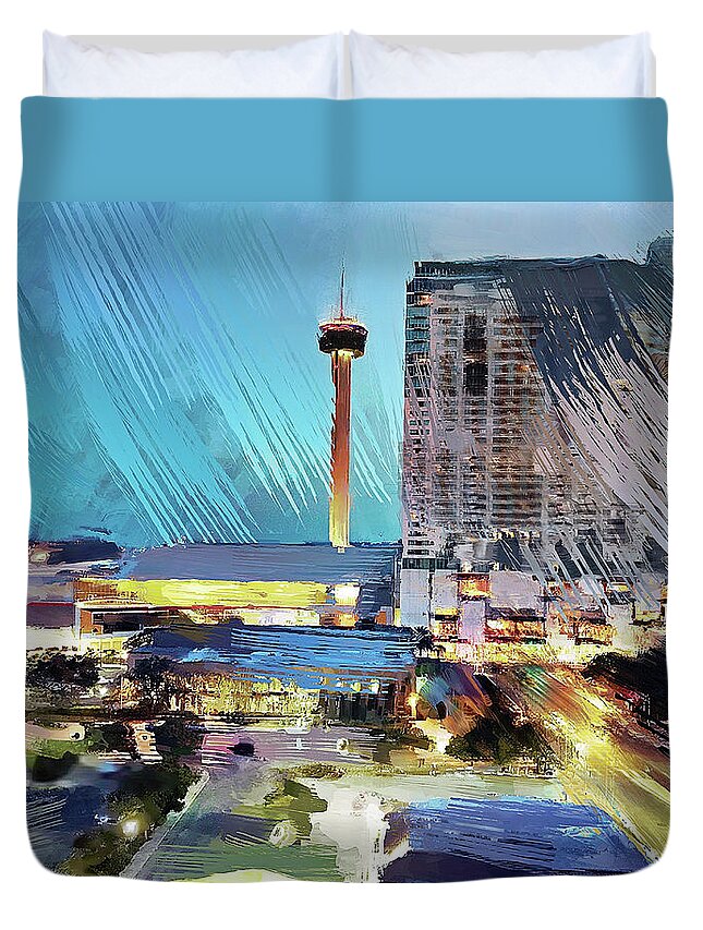 Tower Of The Americas Duvet Cover featuring the photograph San Antonio Lights by GW Mireles