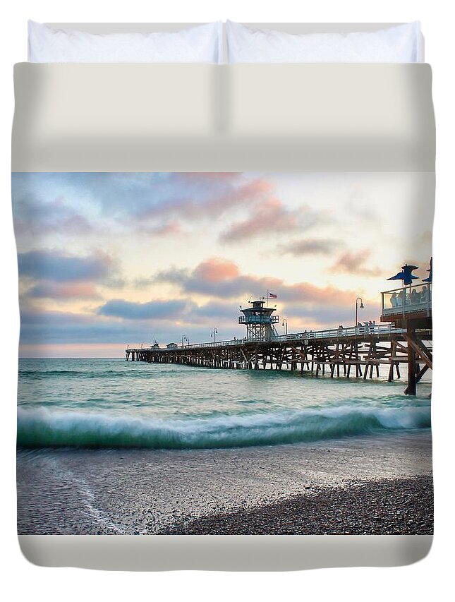 San Clemente Duvet Cover featuring the photograph A San Clemente Pier Evening by Brian Eberly