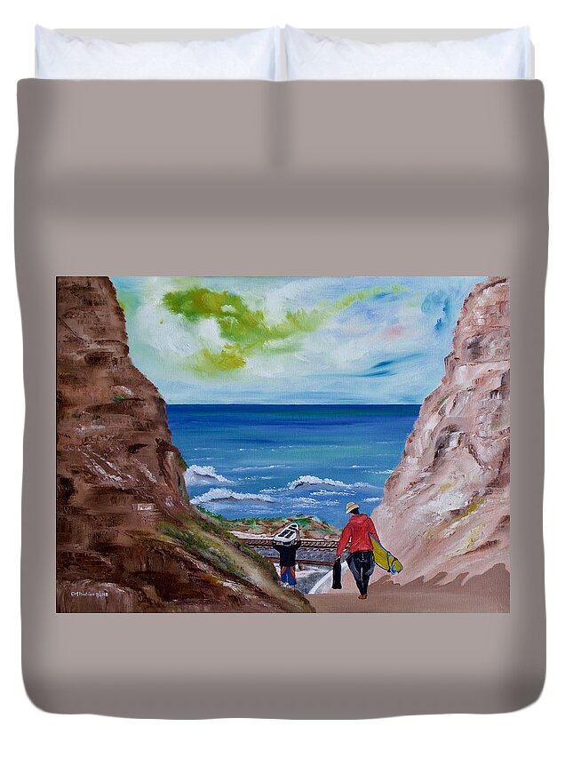 San Clemente Duvet Cover featuring the painting San Clemente State Beach by Carol Tsiatsios